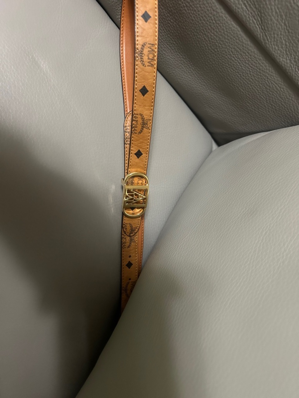 MCM Cognac Monogram Leather Belt with Gold Logo Buckle